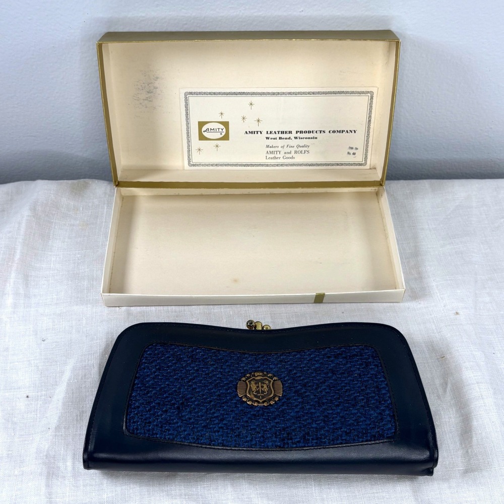 Amity Vintage Navy Blue Leather Tweed Kiss Lock Triple Clutch Wallet with Box